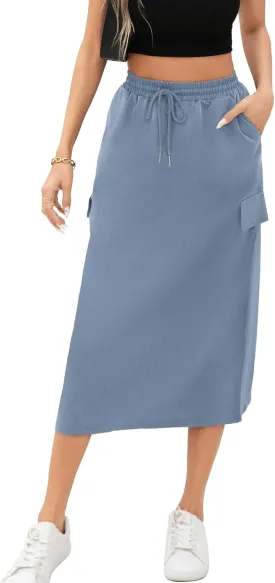 Women's Midi Cargo Skirt High Waist Drawstring Summer Slit Dressy Casual Skirts with Pockets