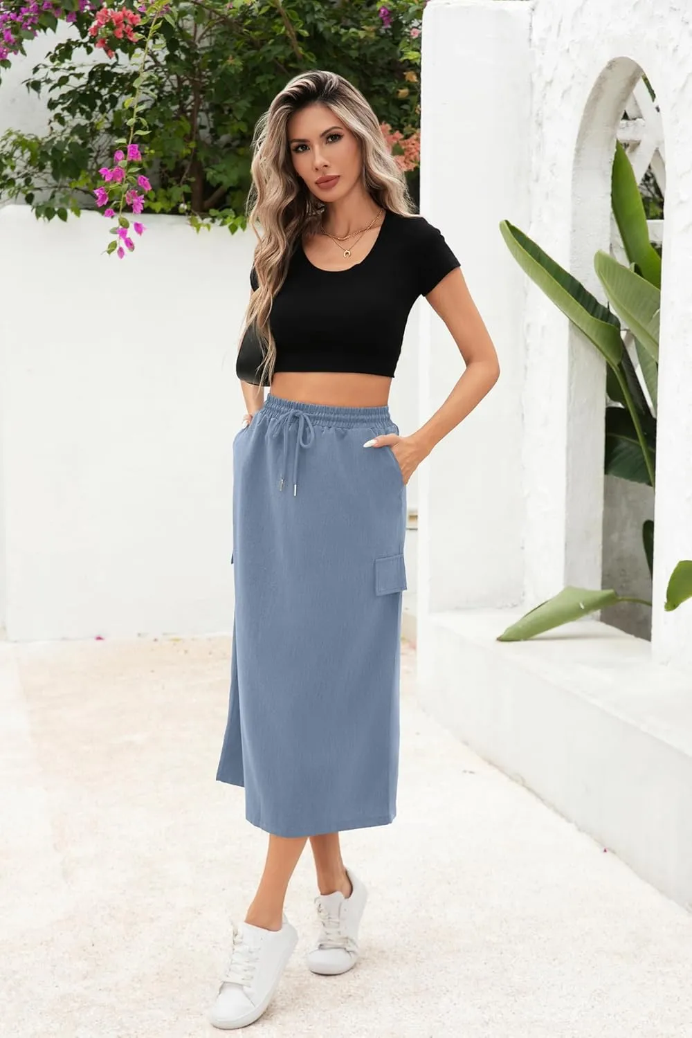 Women's Midi Cargo Skirt High Waist Drawstring Summer Slit Dressy Casual Skirts with Pockets