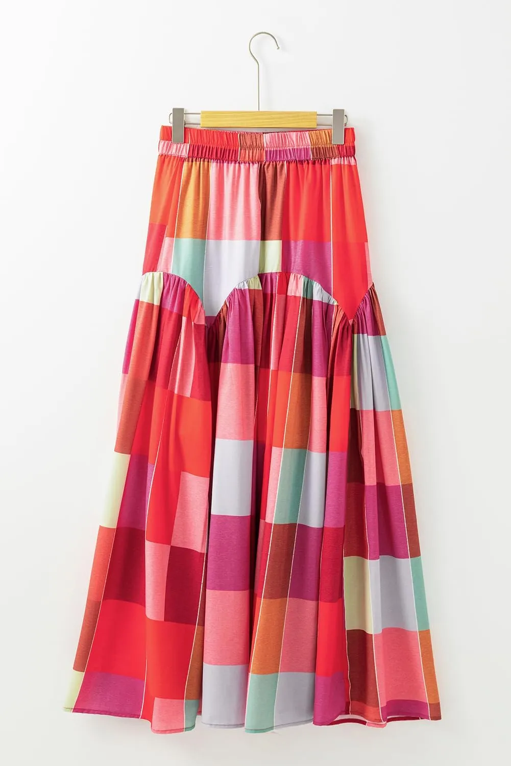 Women's Multicolour Plaid Print Ruched High Waist Casual Maxi Skirt