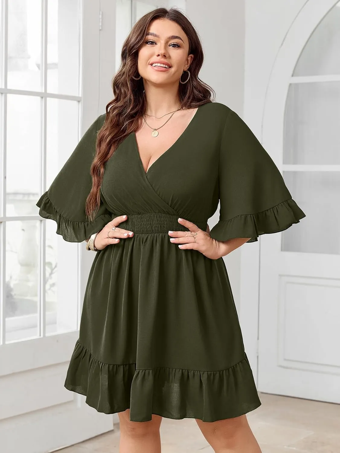 Women's Plus Size Wrap Dress V Neck Ruffle Sleeve Smock Boho Casual Summer Mini Short Dress