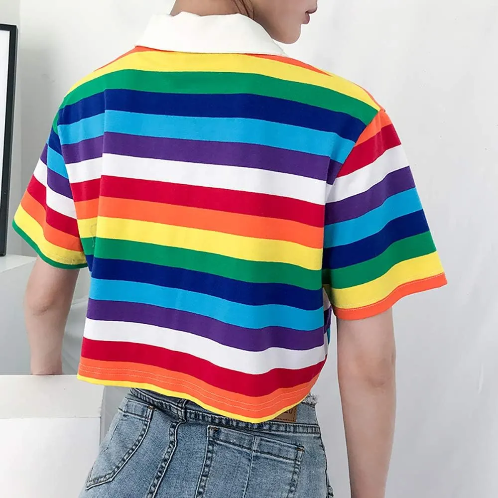 Women's Rainbow Printed Polo T-Shirt Short Sleeve Skinny Y2K Streetwear Crop Top