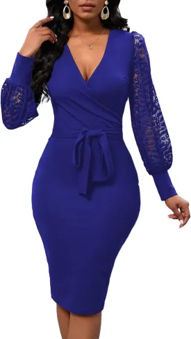 Womens Sexy Wrap V Neck Lantern Lace Long Sleeve Bodycon Midi Dress Semi Formal Cocktail Party Dresses