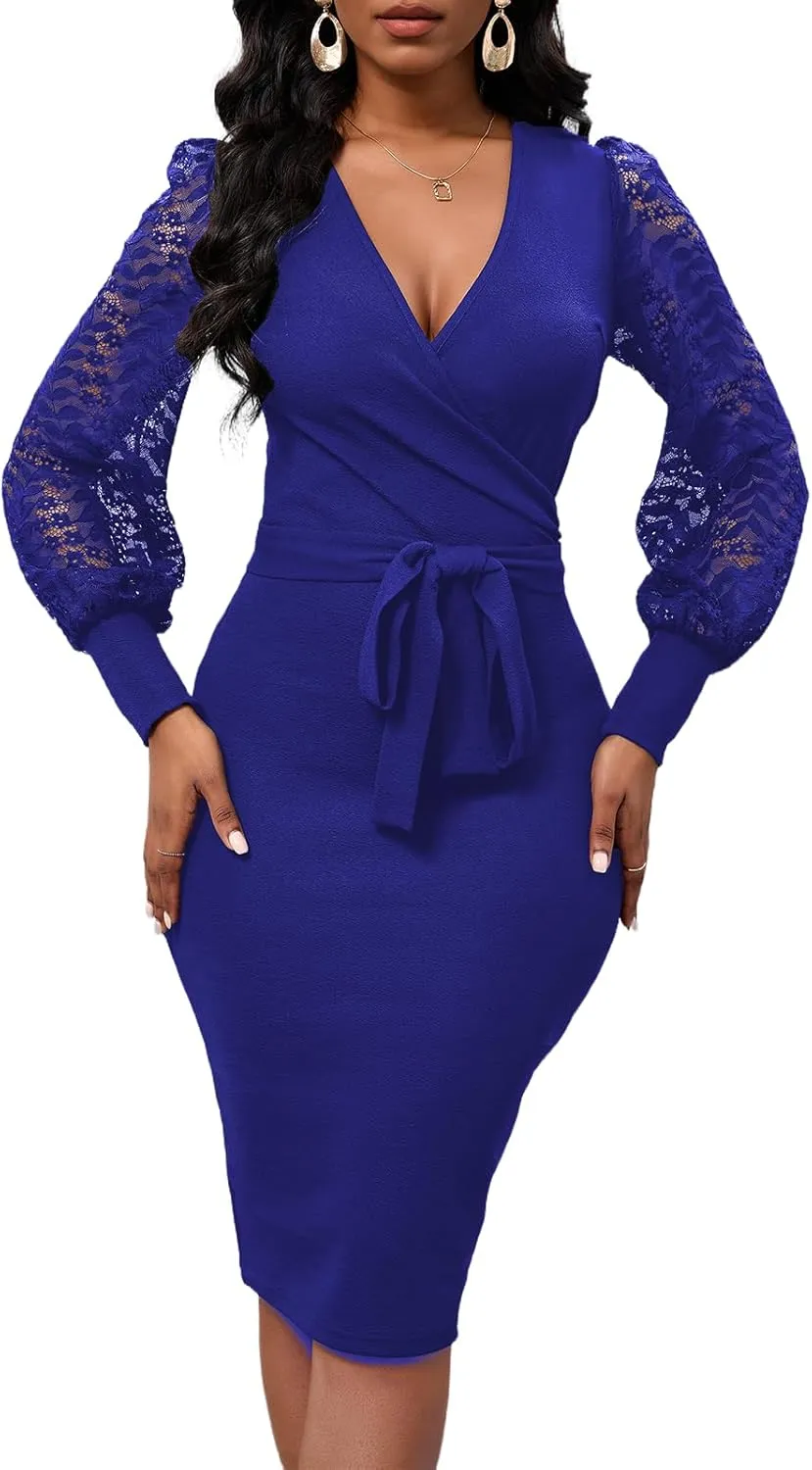 Womens Sexy Wrap V Neck Lantern Lace Long Sleeve Bodycon Midi Dress Semi Formal Cocktail Party Dresses