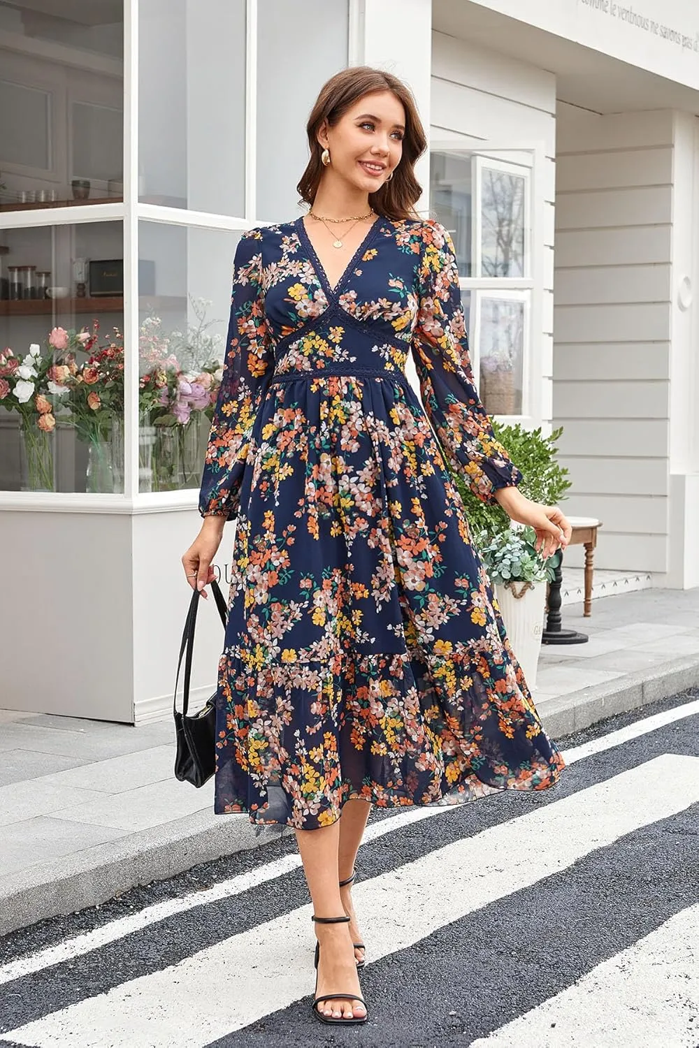Women's Spring Wrap Maxi Dress Floral V Neck Long Sleeve Wedding Guest Party Casual Chiffon Dress