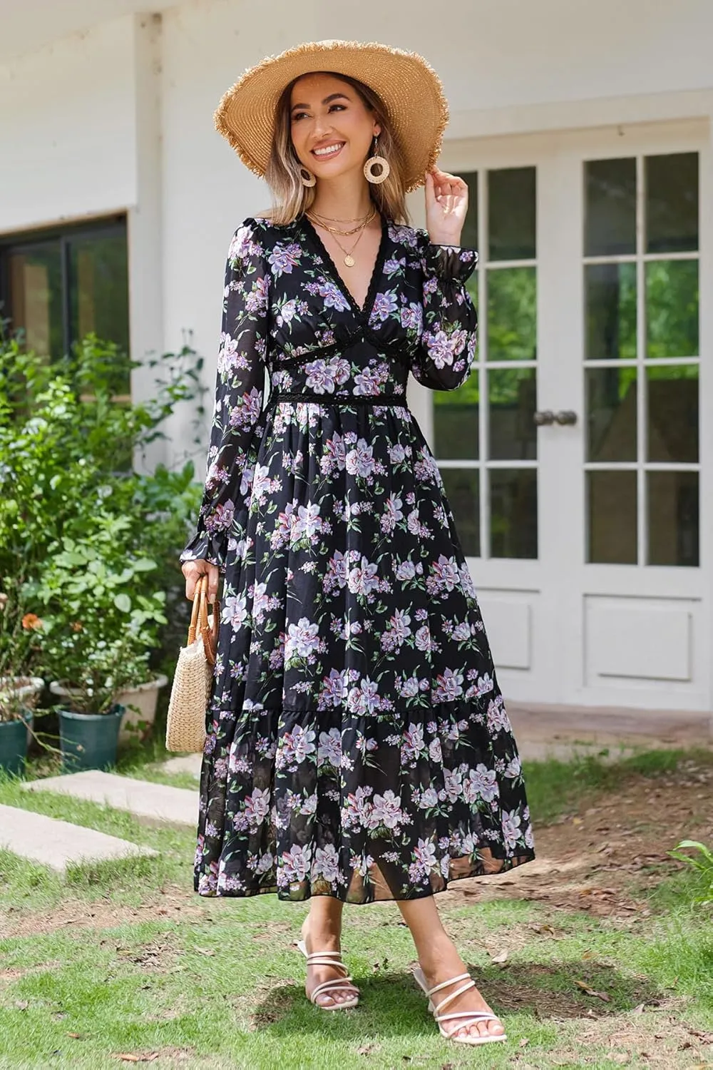 Women's Spring Wrap Maxi Dress Floral V Neck Long Sleeve Wedding Guest Party Casual Chiffon Dress