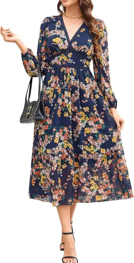 Women's Spring Wrap Maxi Dress Floral V Neck Long Sleeve Wedding Guest Party Casual Chiffon Dress
