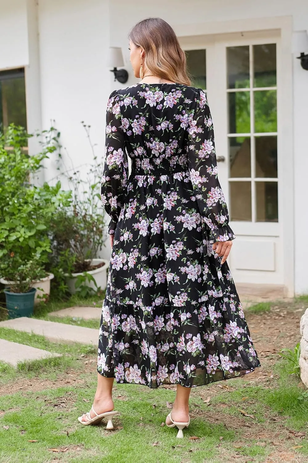 Women's Spring Wrap Maxi Dress Floral V Neck Long Sleeve Wedding Guest Party Casual Chiffon Dress