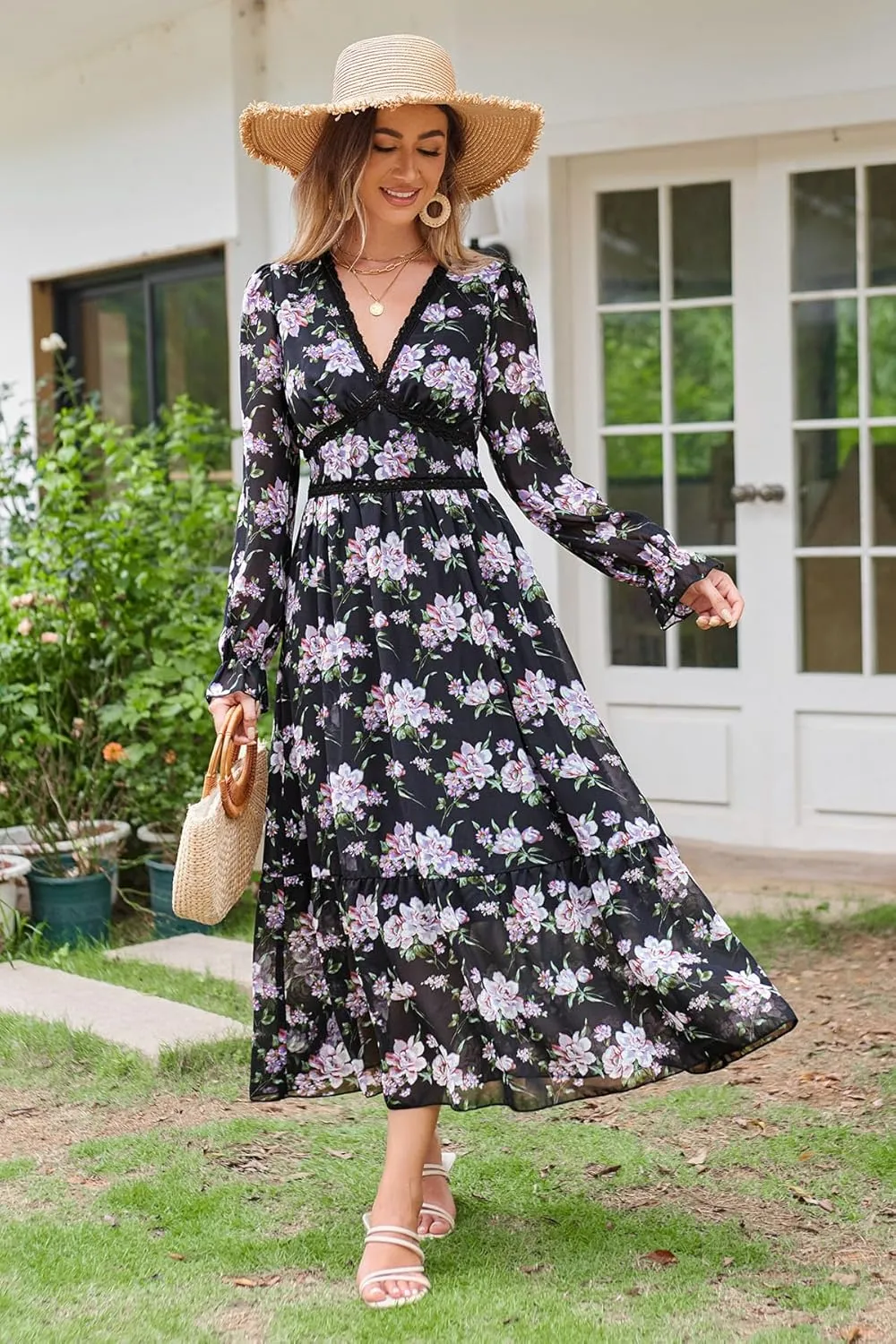 Women's Spring Wrap Maxi Dress Floral V Neck Long Sleeve Wedding Guest Party Casual Chiffon Dress