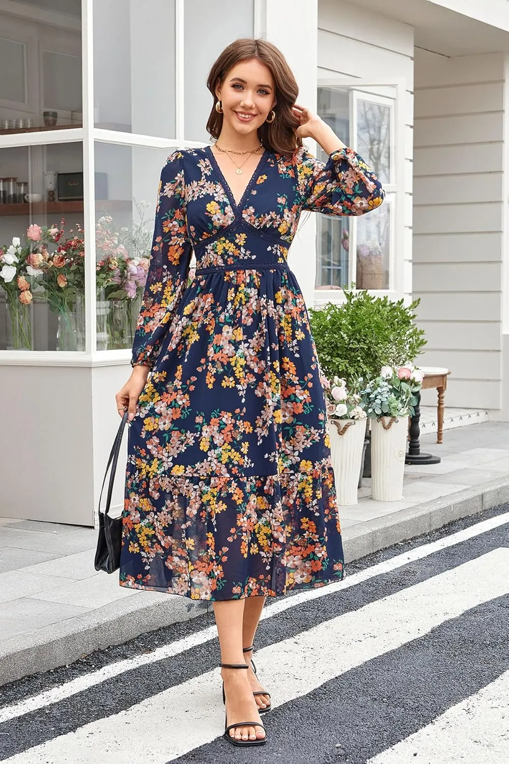 Women's Spring Wrap Maxi Dress Floral V Neck Long Sleeve Wedding Guest Party Casual Chiffon Dress
