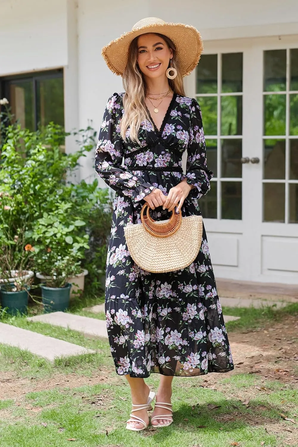 Women's Spring Wrap Maxi Dress Floral V Neck Long Sleeve Wedding Guest Party Casual Chiffon Dress