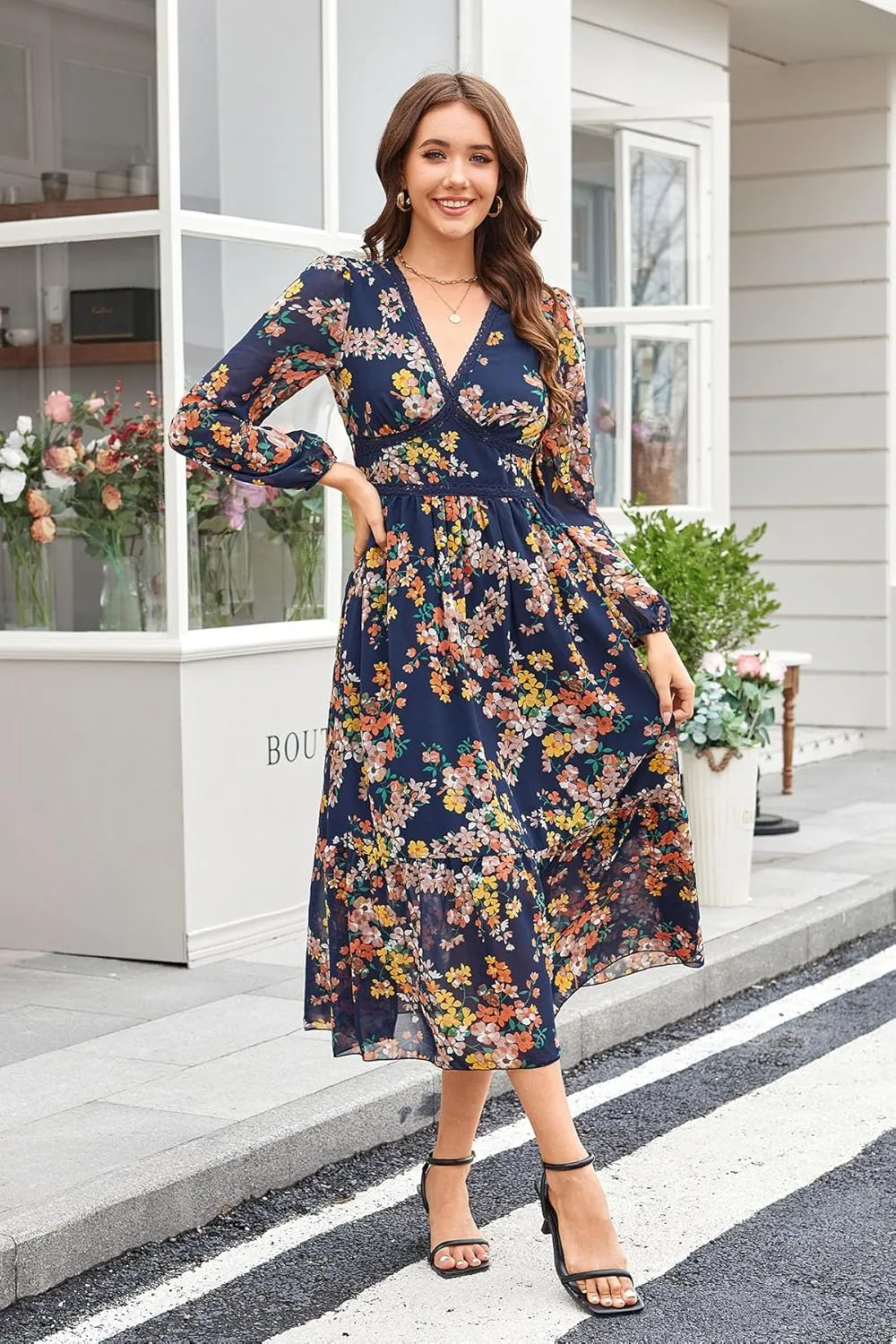 Women's Spring Wrap Maxi Dress Floral V Neck Long Sleeve Wedding Guest Party Casual Chiffon Dress