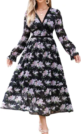 Women's Spring Wrap Maxi Dress Floral V Neck Long Sleeve Wedding Guest Party Casual Chiffon Dress