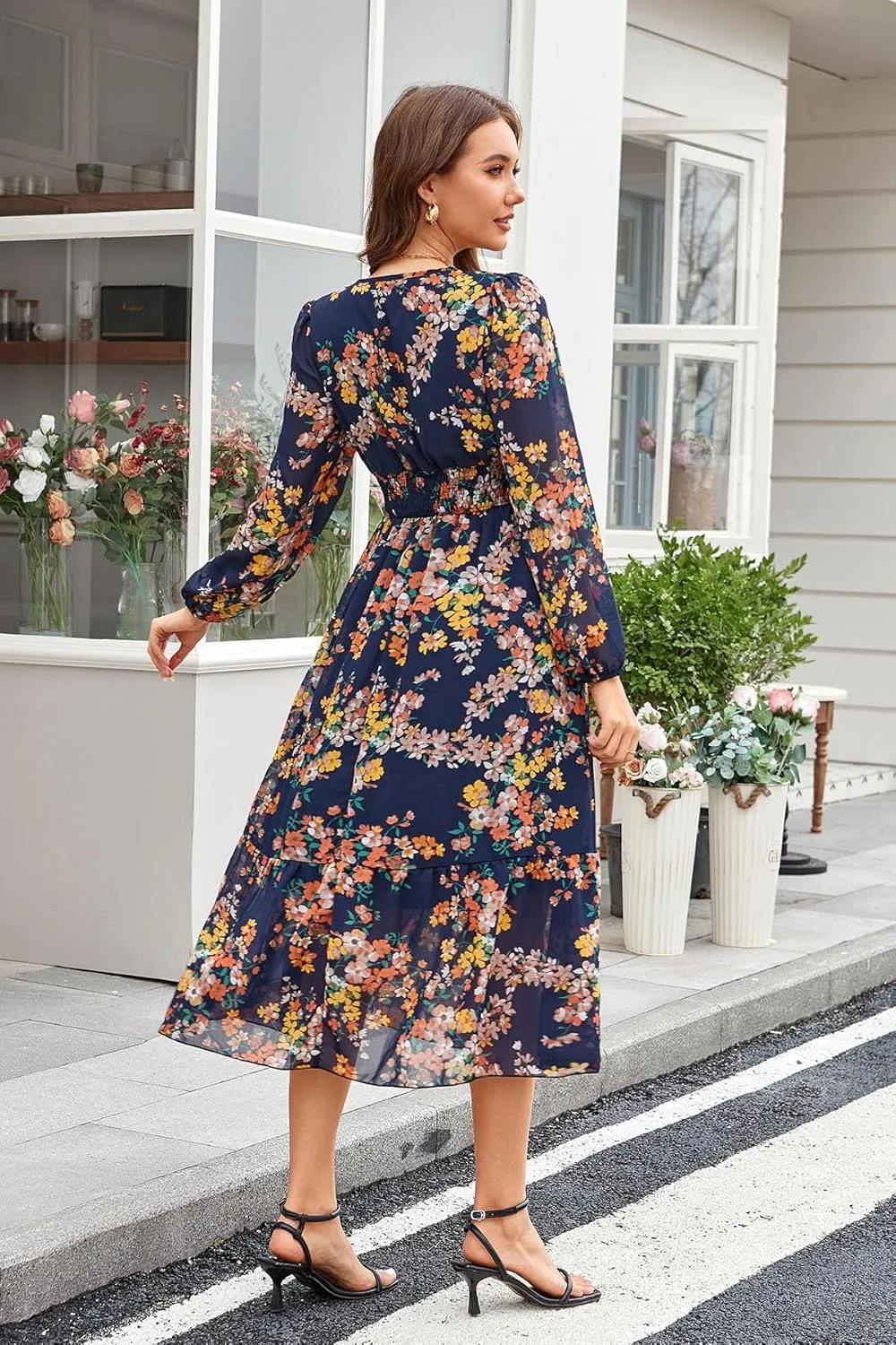 Women's Spring Wrap Maxi Dress Floral V Neck Long Sleeve Wedding Guest Party Casual Chiffon Dress