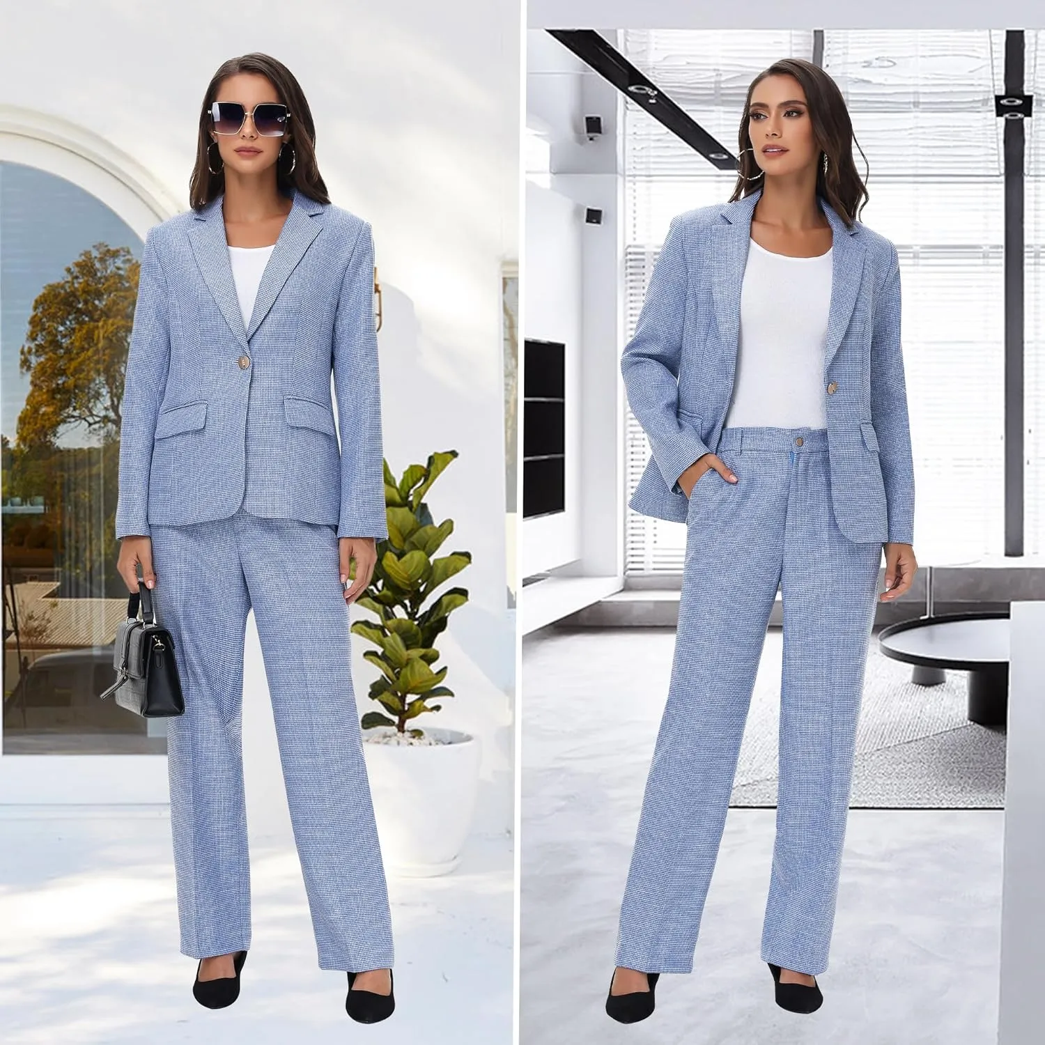 Women's Suit 2 Piece Set Business Pants Suit for Women Pinstripe Houndstooth Blazer