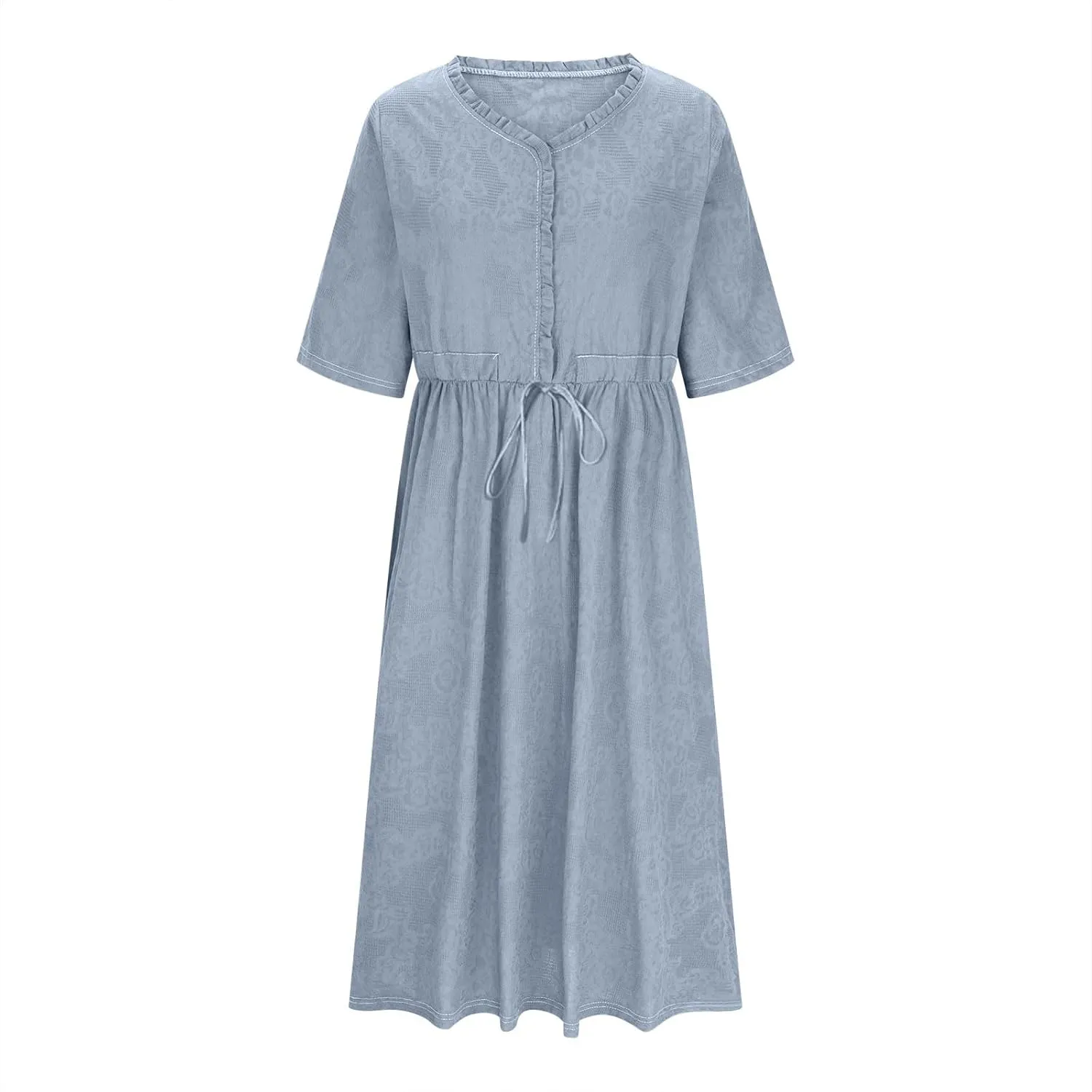 Womens Summer Trendy Textured Midi Dresses Casual Elbow Length Sleeve V Neck Drawstring Waist Pleated Flowy Boho Dress