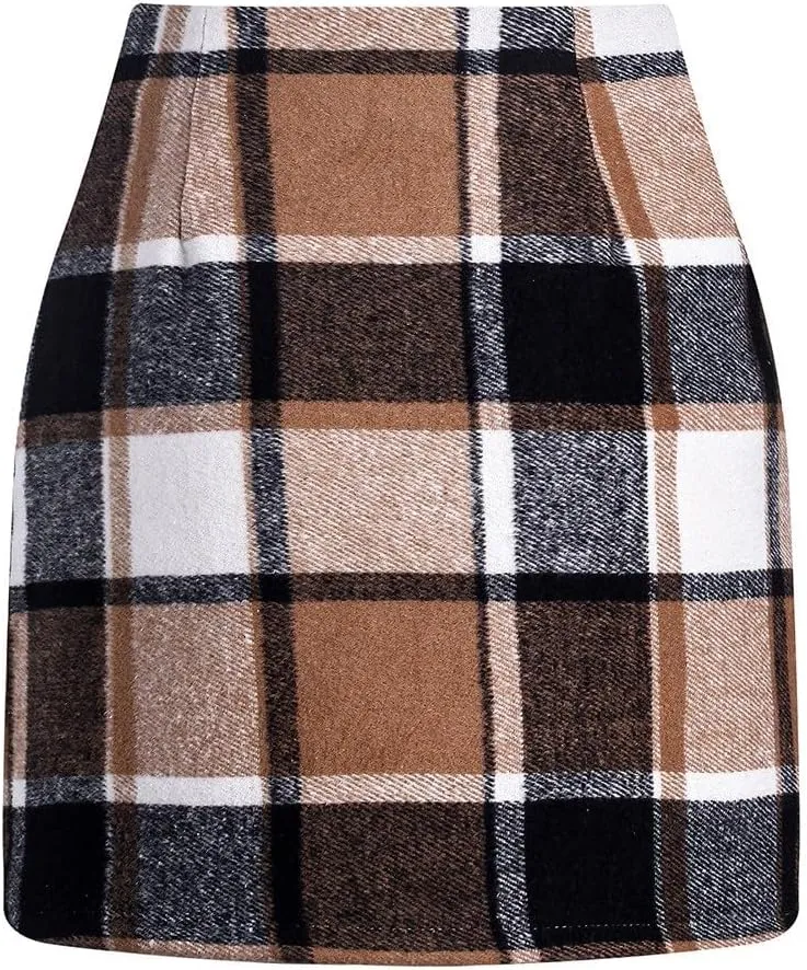 Womens Wool Plaid Mini Skirt Fall Winter High Waisted A Line Bodycon Pencil Skirt