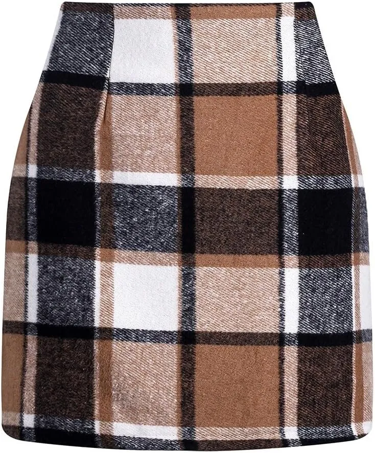 Womens Wool Plaid Mini Skirt Fall Winter High Waisted A Line Bodycon Pencil Skirt