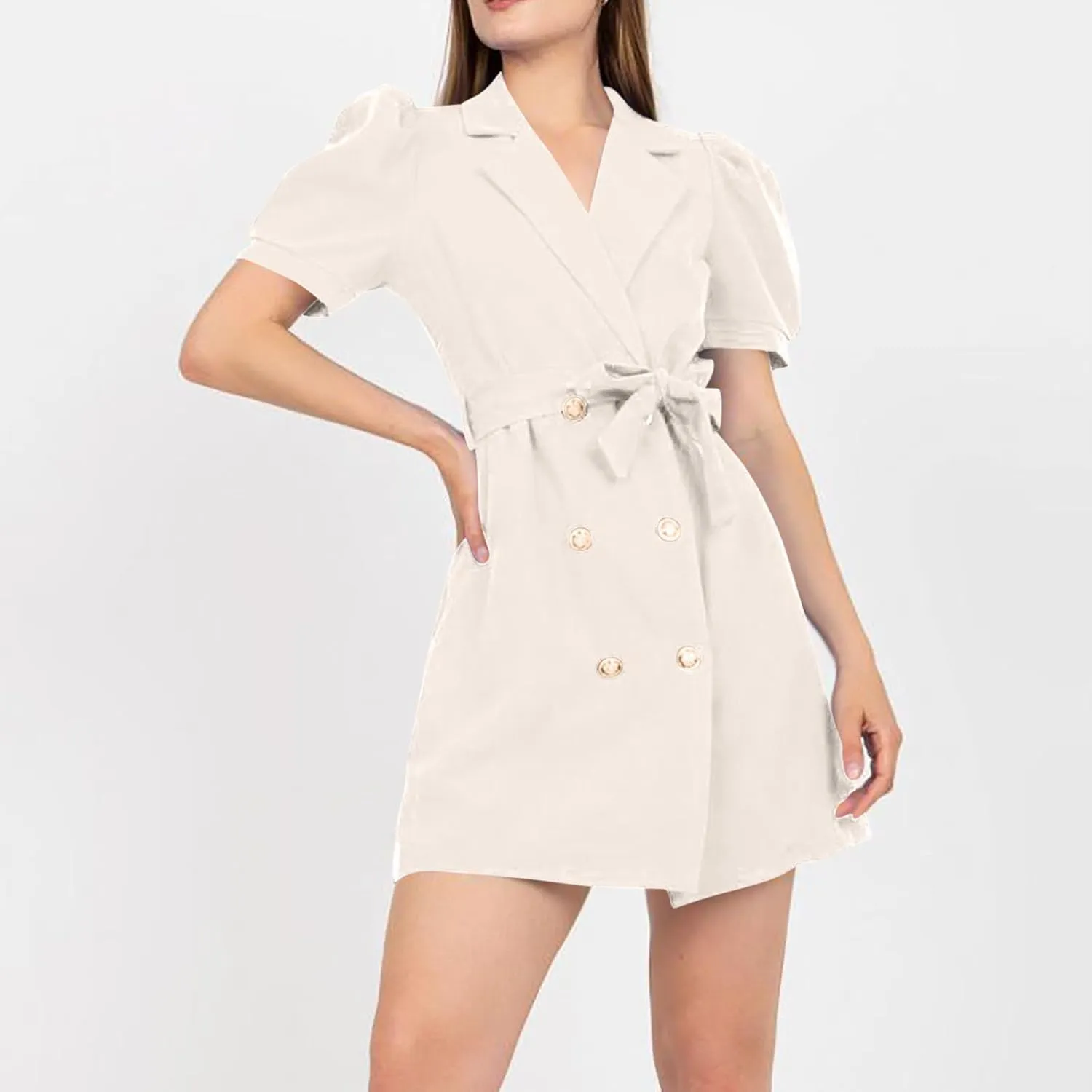 Women's Work Dresses Business Dressy Short Sleeve Notch Lapel Collar Button Belted Double Breasted Blazer Dress