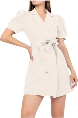 Women's Work Dresses Business Dressy Short Sleeve Notch Lapel Collar Button Belted Double Breasted Blazer Dress