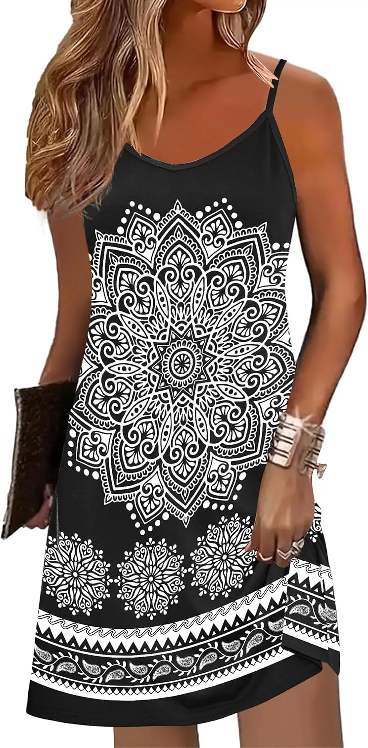 Zeagoo Womens Summer Dress 2025 Loose Sleeveless Tshirt Dress V Neck Mini Dress Beach Sundress with Pockets